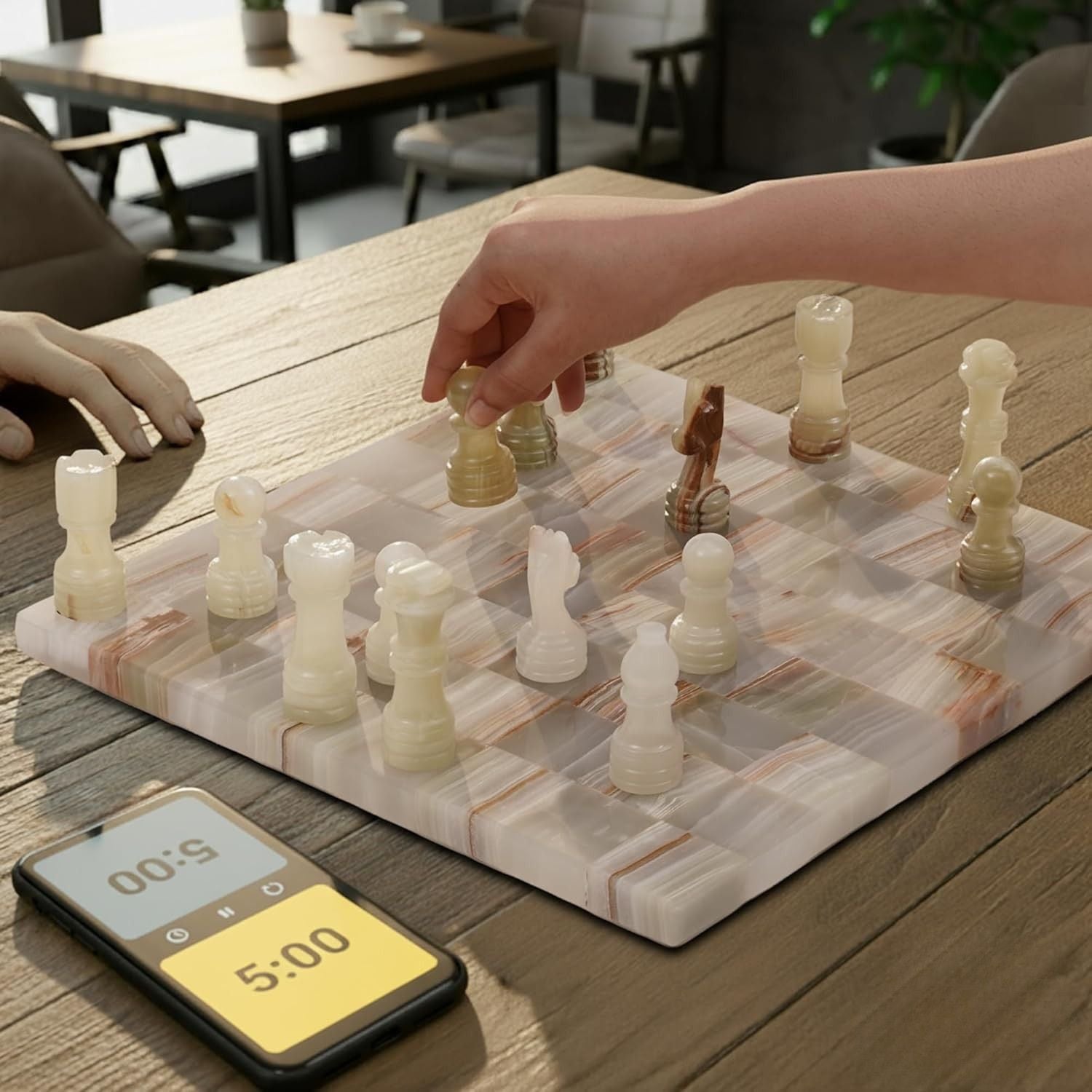 Luxury Borderless Marble Chess Board & Pieces with Extra Queens