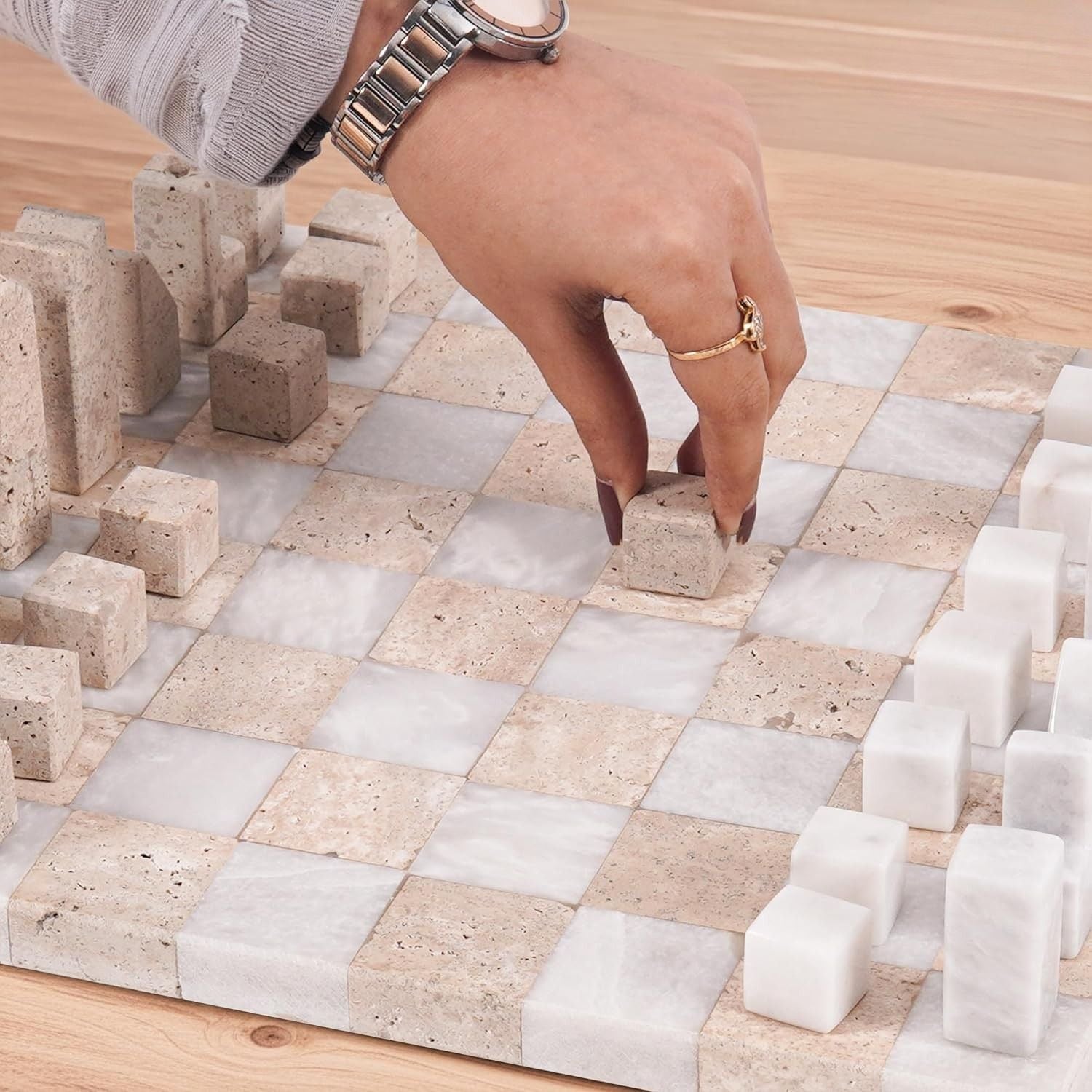 Travertine And White Borderless Marble Chess with Minimalist Geometric Pieces