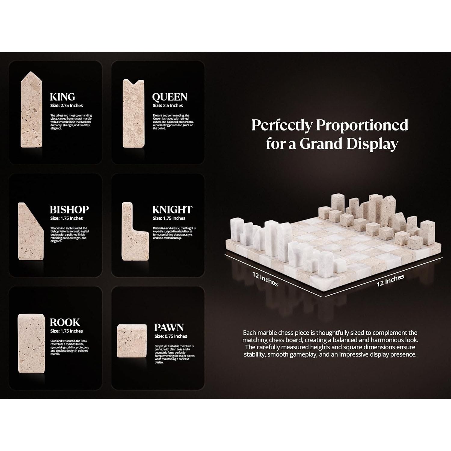 Travertine And White Borderless Marble Chess Board Geometric Pieces