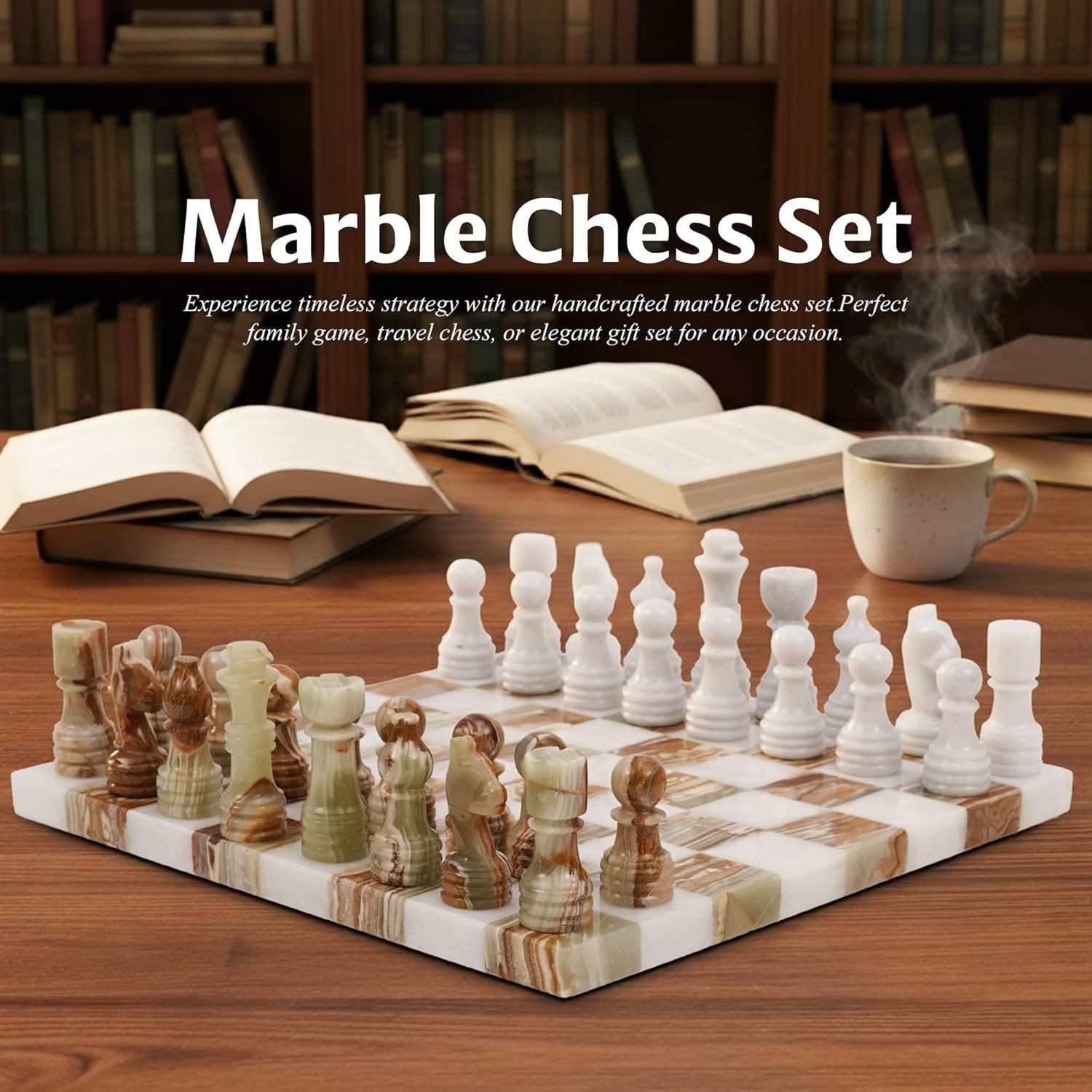 White And Green Luxury Borderless Marble Chess Board & Pieces