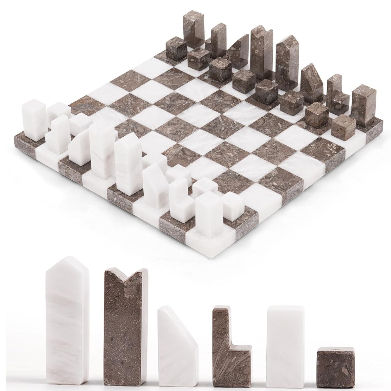 White And Oceanic Borderless Marble Chess Board with Minimalist Geometric Pieces