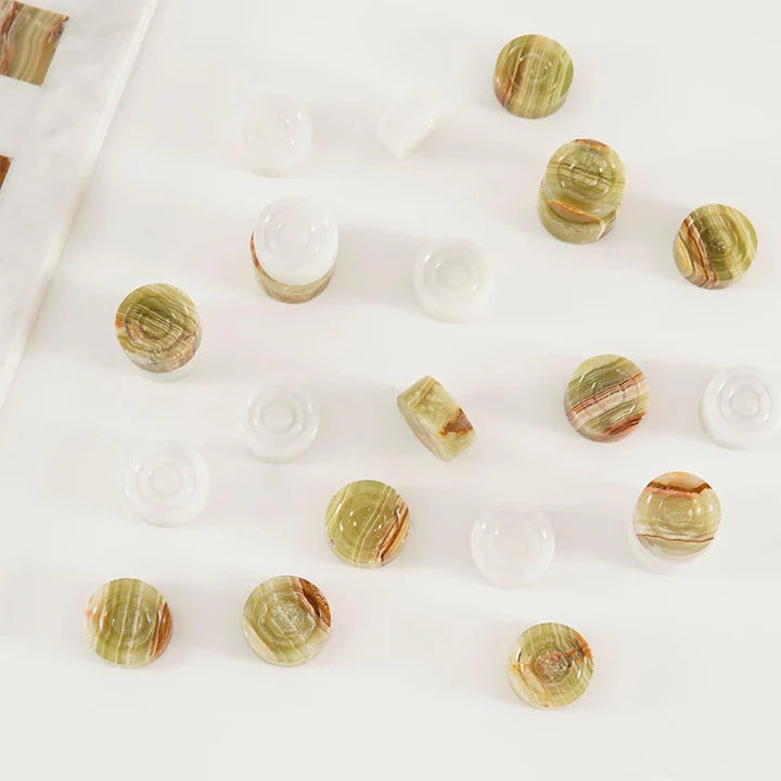 2-in-1 Bundle 15 Inch Green White Onyx Chess set & Checker Pieces
