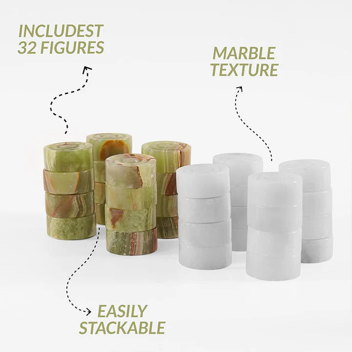 2-in-1 Bundle 15 Inch Green White Onyx Chess set & Checker Pieces