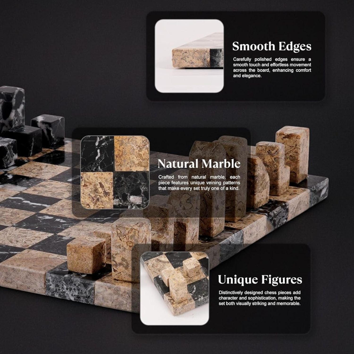 Borderless Marble Chess Board with Minimalist Geometric Pieces