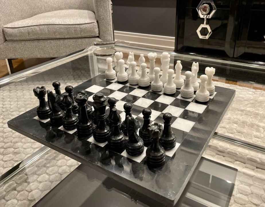 12 Inch Black and White Premium Quality Marble Chess Set With Storage Box & 2 Extra Queen