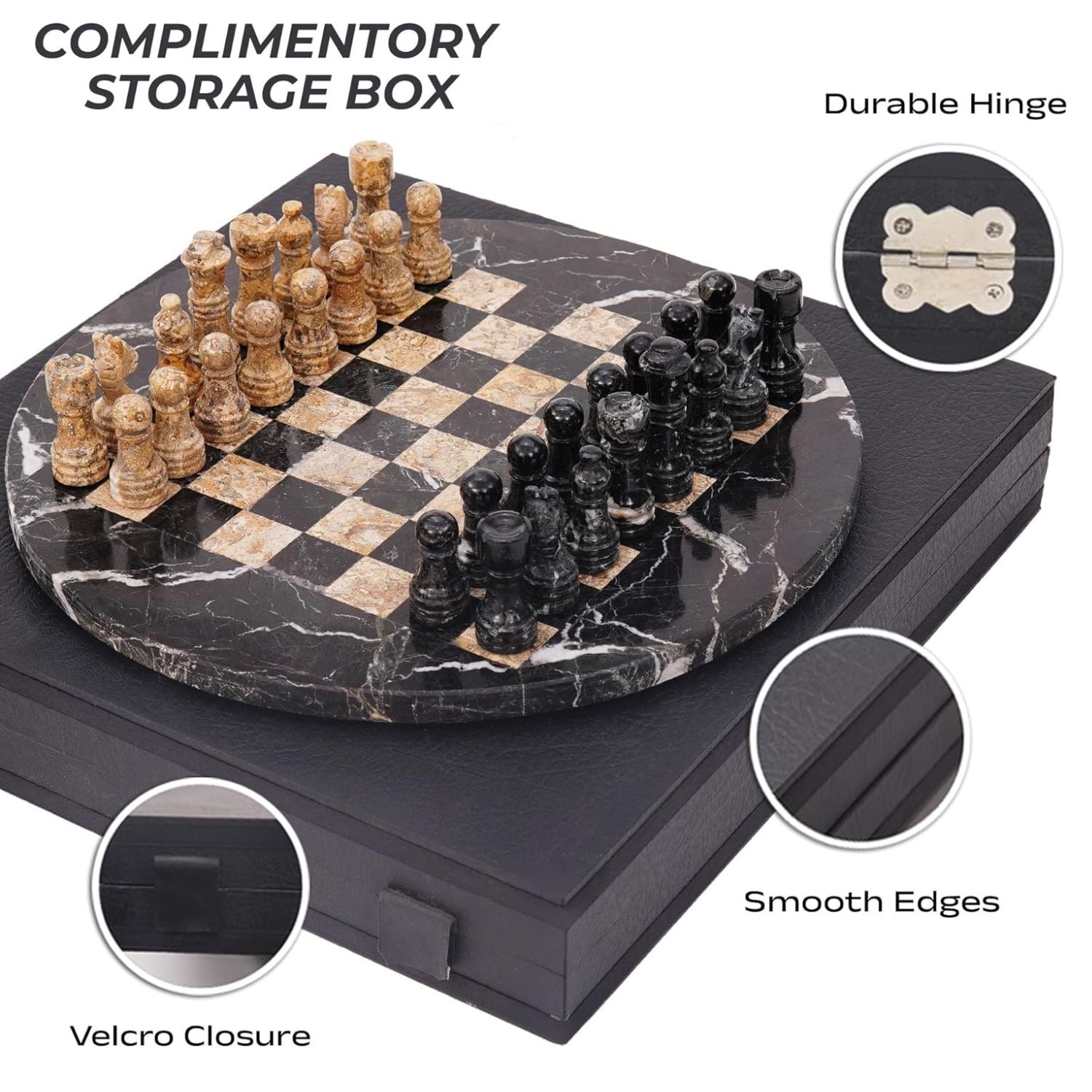 black coral round marble chess with storage