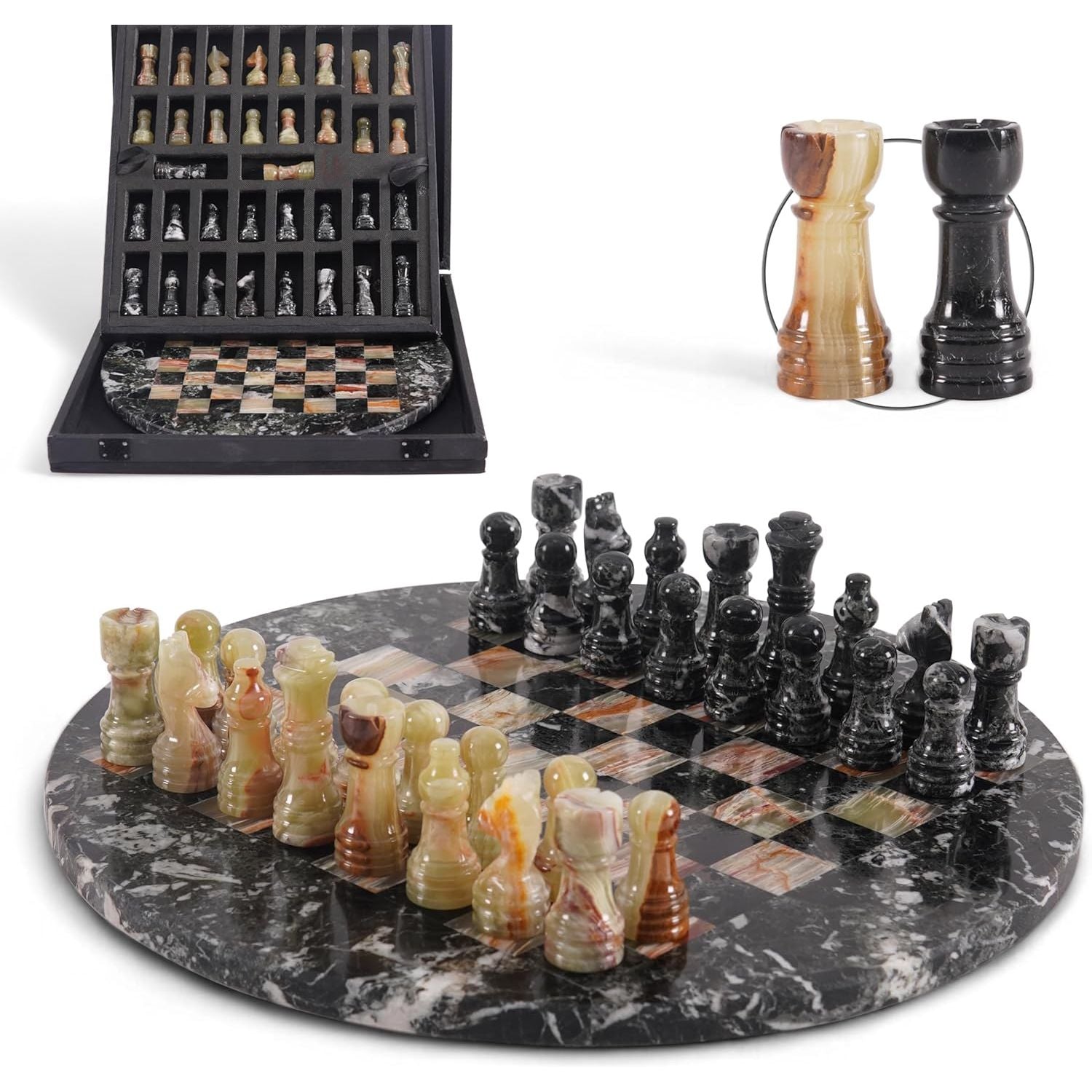 black green round chess board