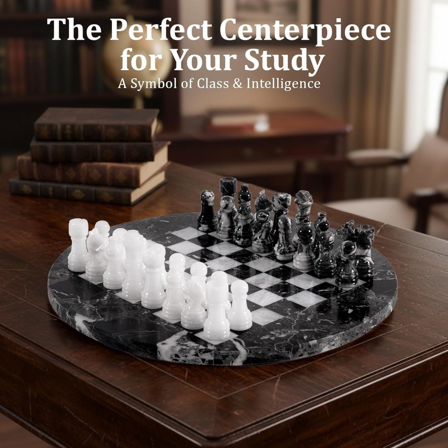 black white round chess set