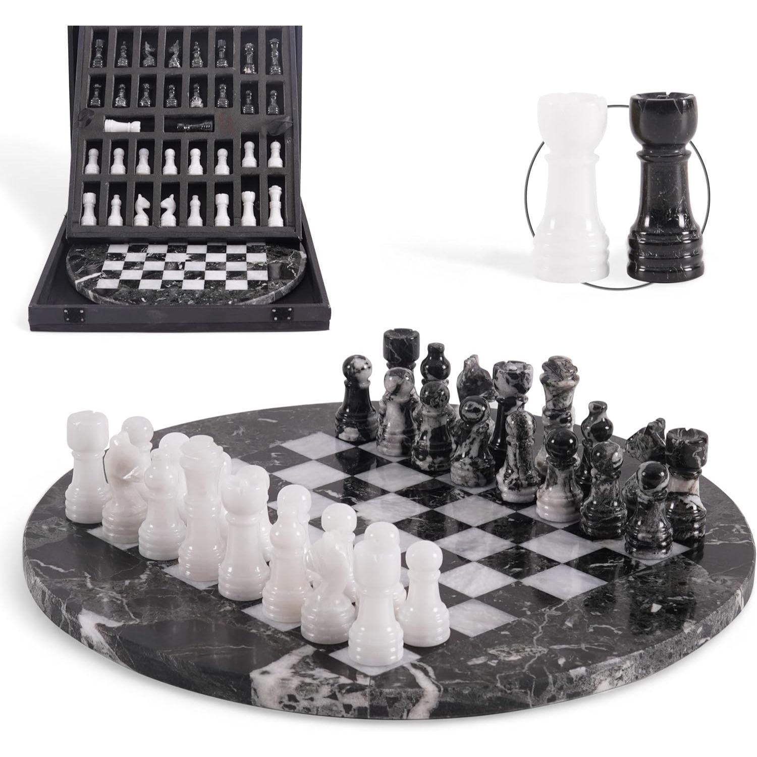 black white round handcrafted chess set