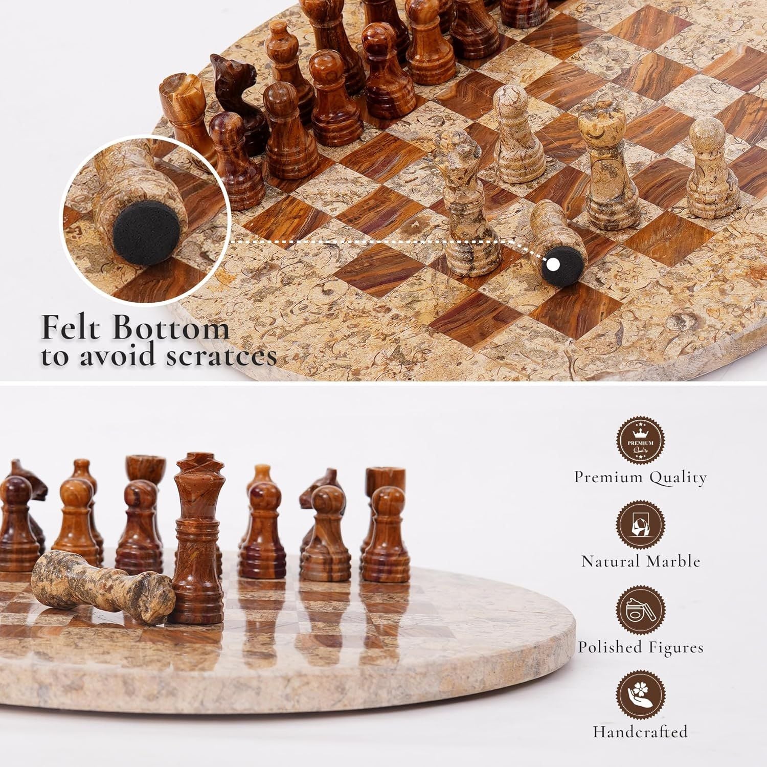 handcrafted round coral marble chess
