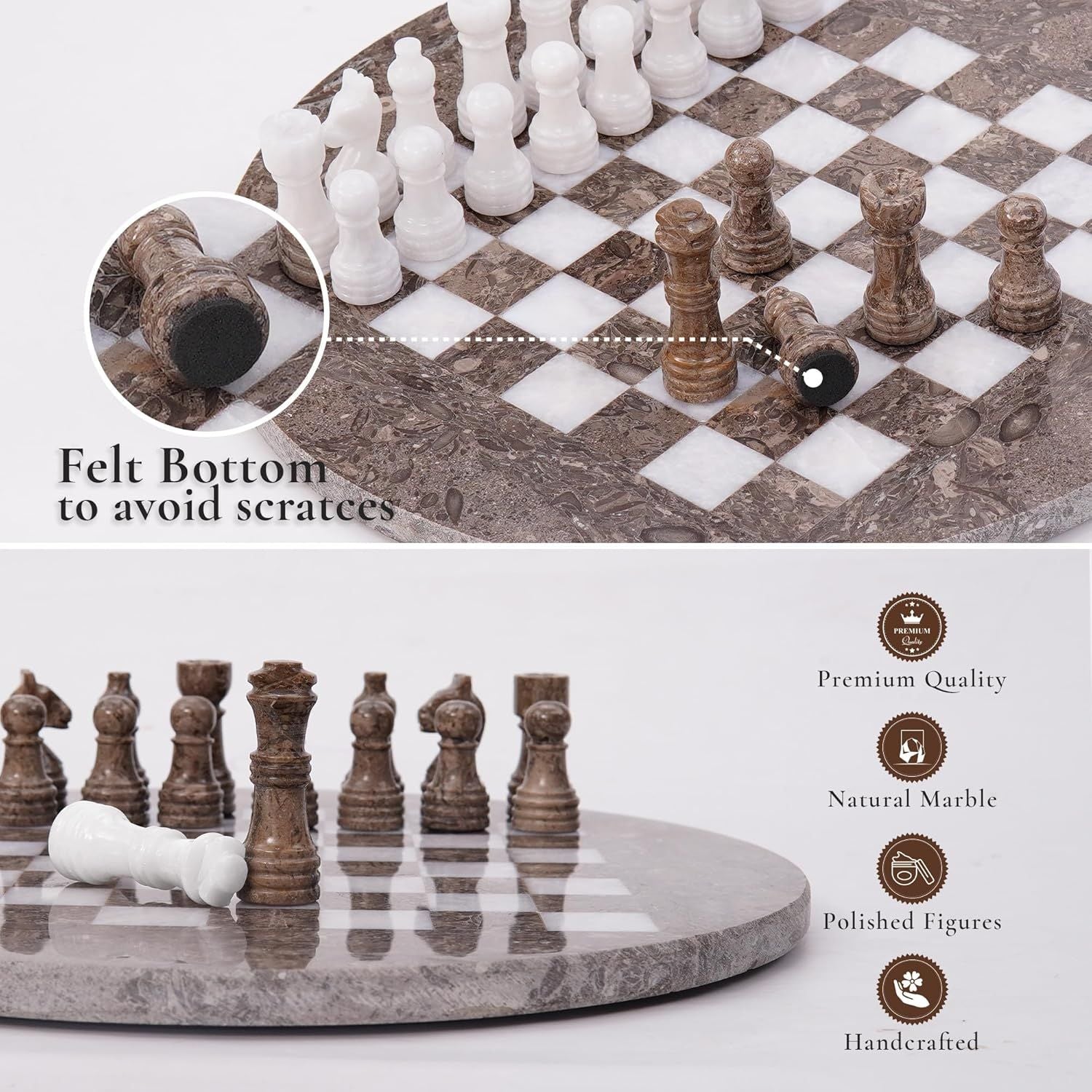 round oceanic white marble chess set