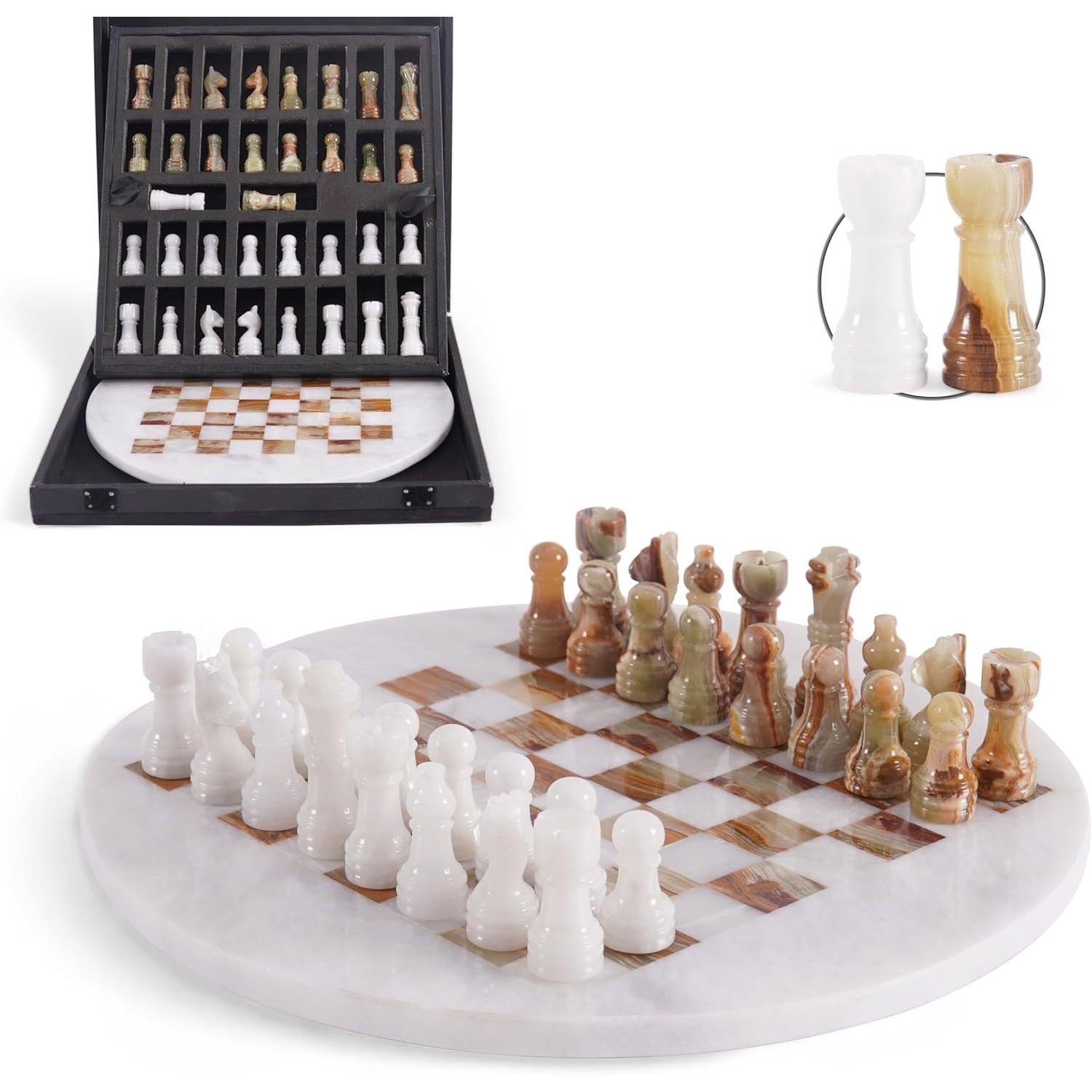 handcrafted white green round marble chess board