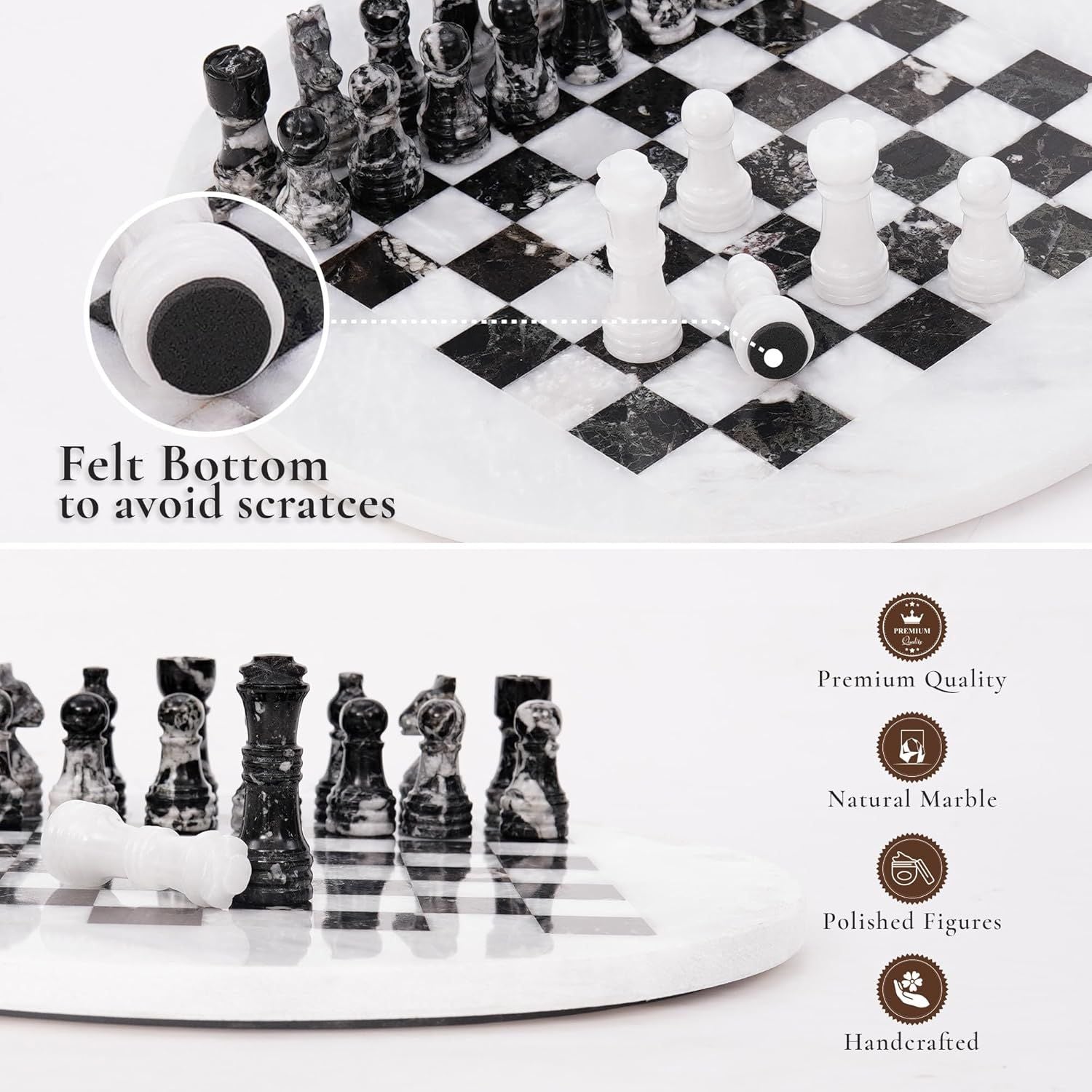white black round marble chess board set