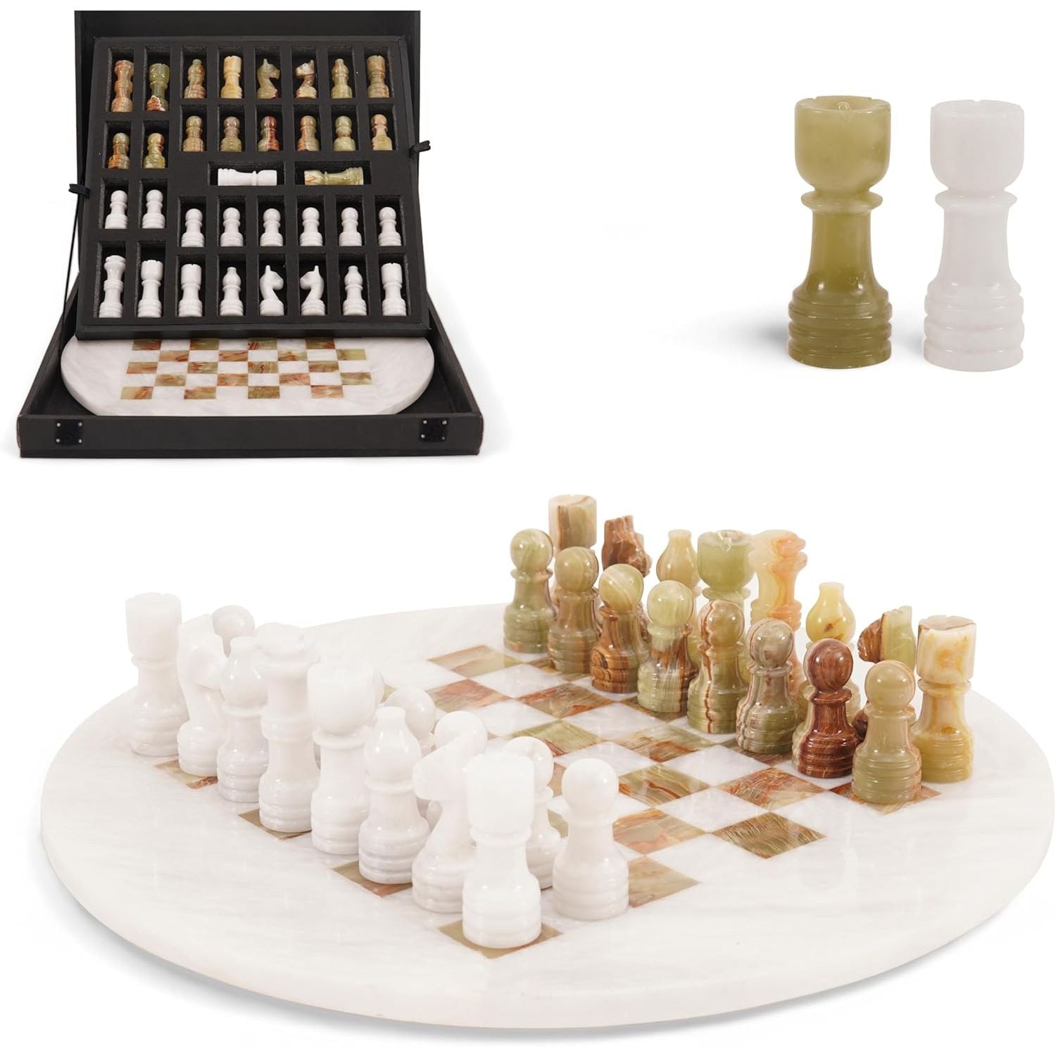 white green round chess set