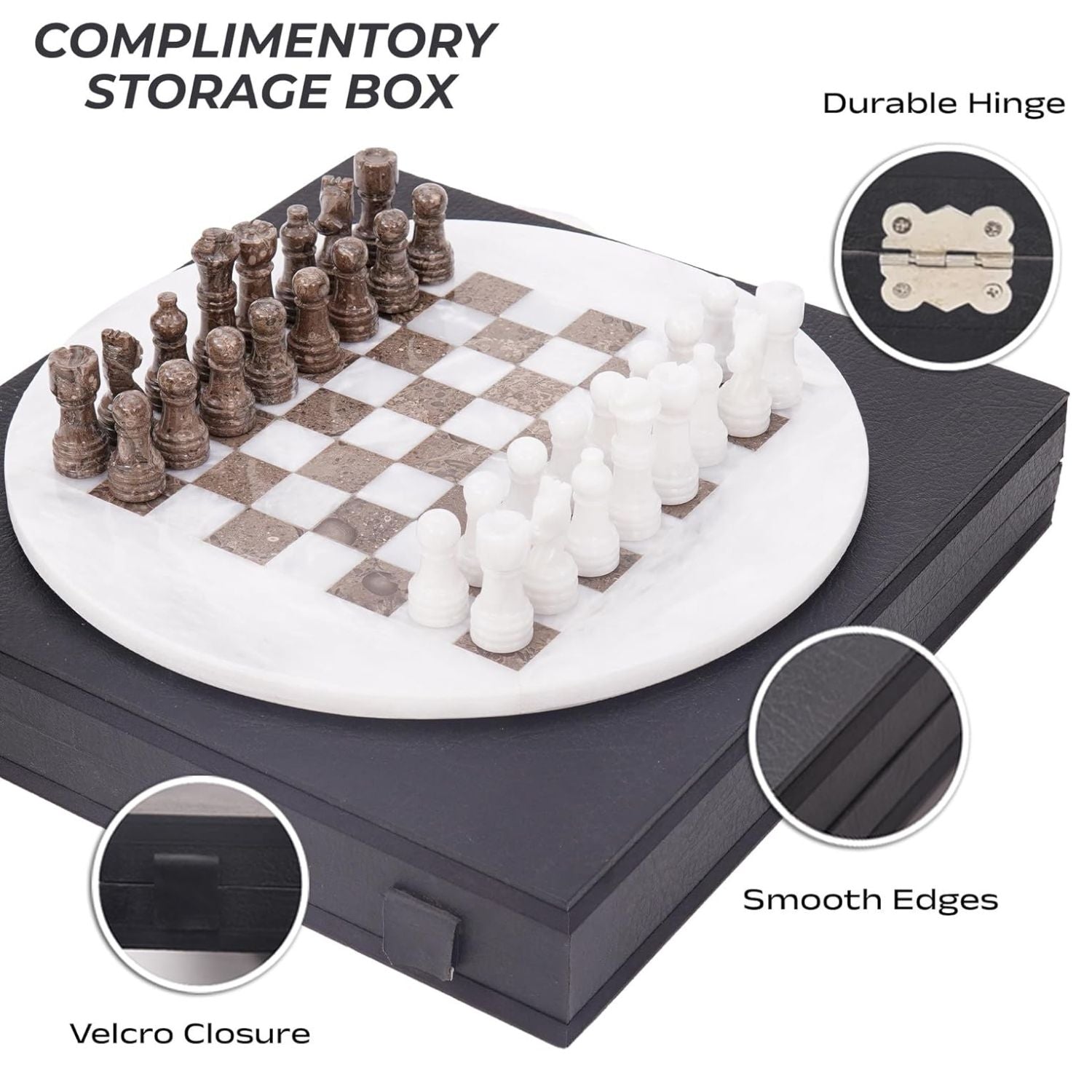 white oceanic handcrafted round marble chess set
