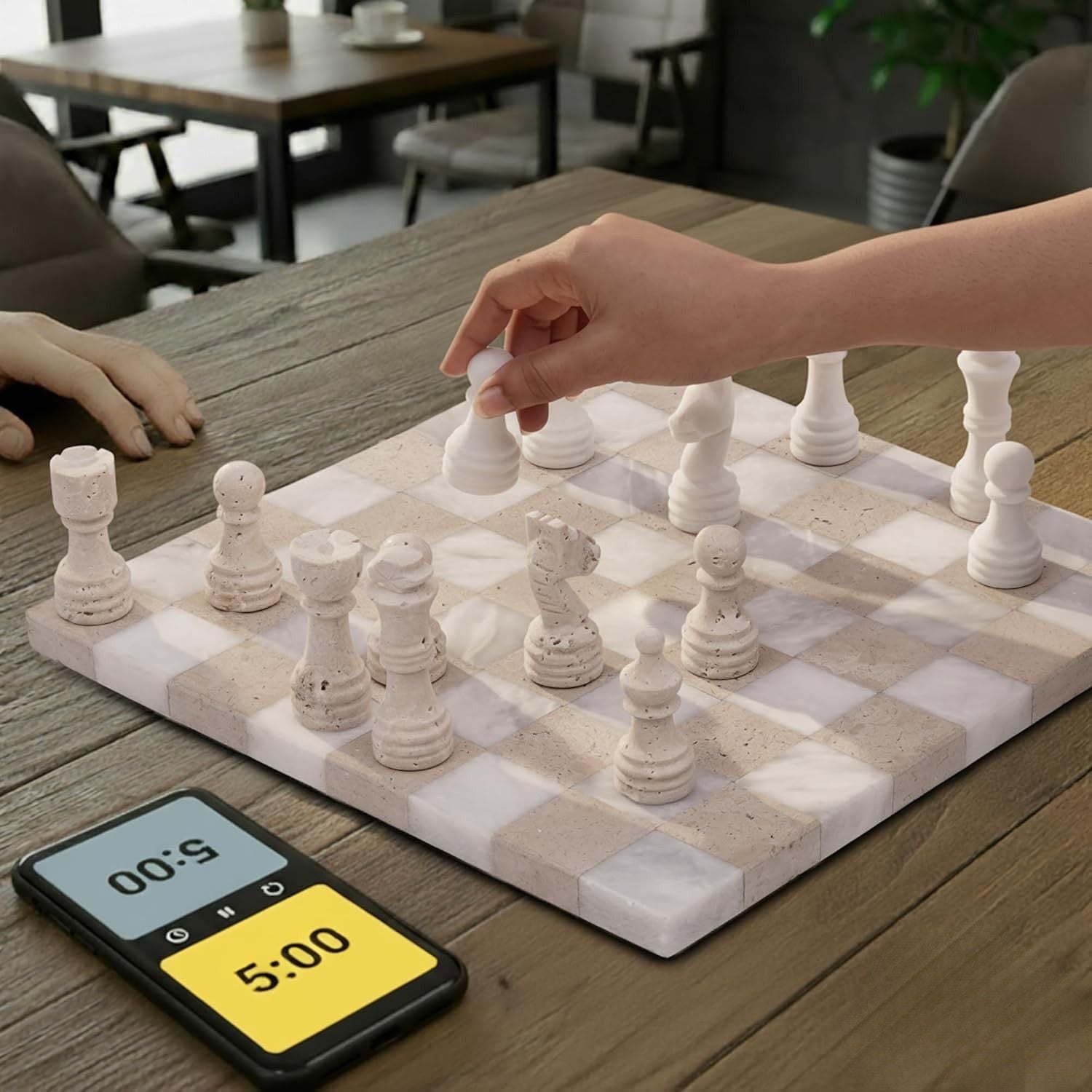 white travertine marble chess set
